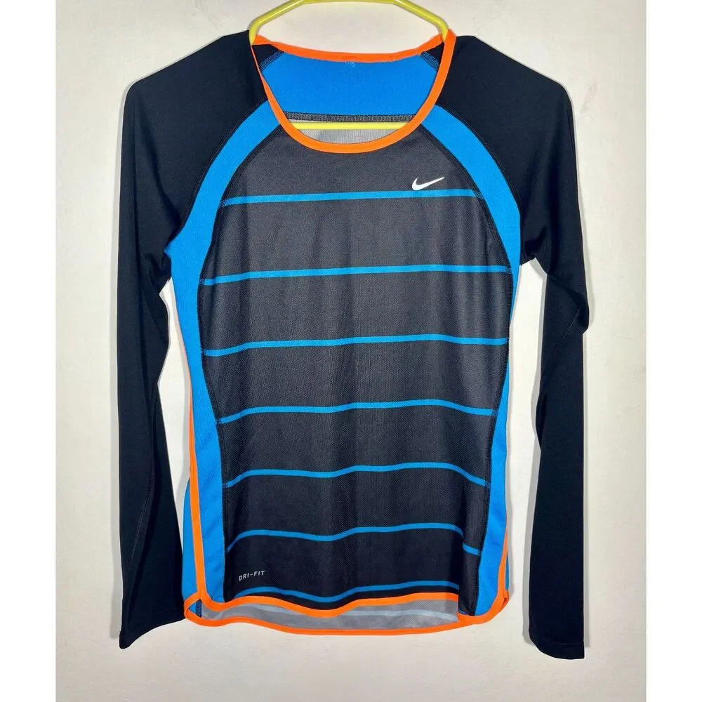 Nike Dri-FIT Womens XS Long Sleeve Running Shirt Black Blue Orange Stripe Top