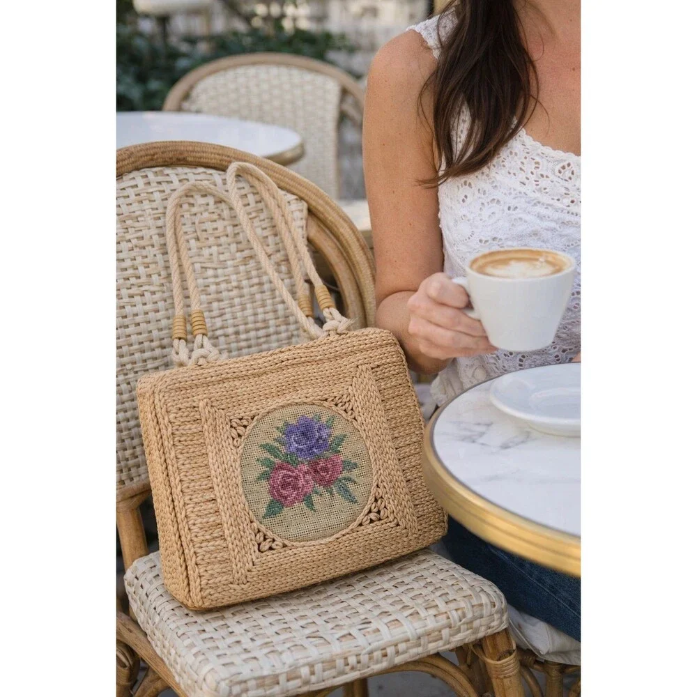 Vintage Handmade Woven Straw Embroidered Floral Bag Boho‎ Cottagecore  Purse