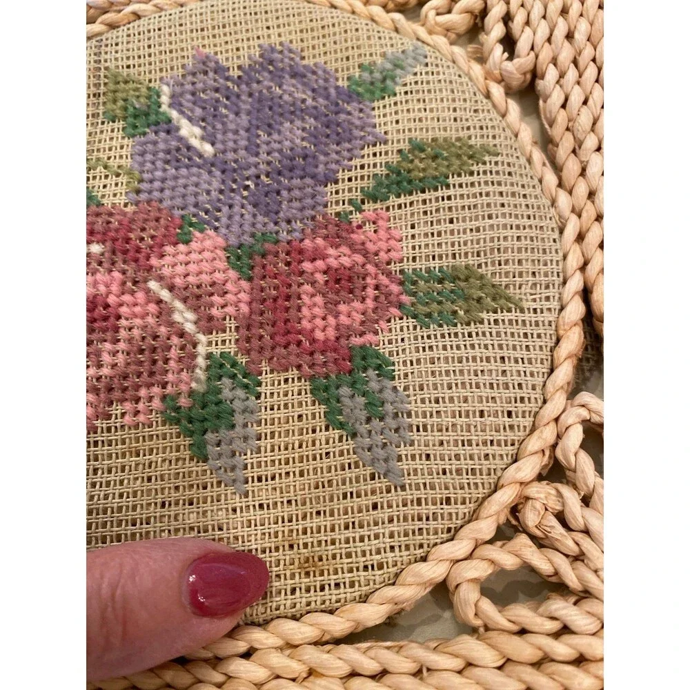Vintage Handmade Woven Straw Embroidered Floral Bag Boho‎ Cottagecore  Purse