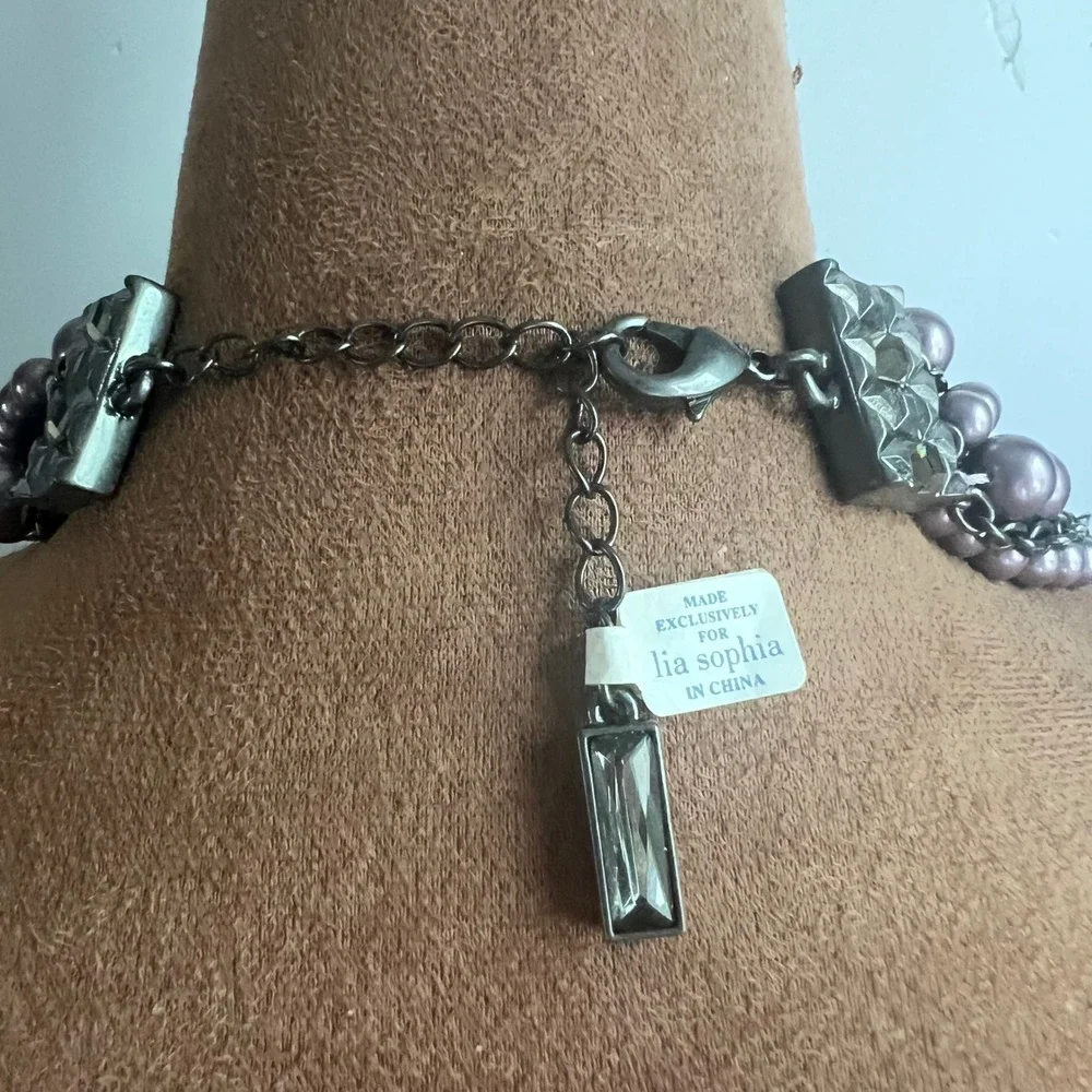 Lia Sophia Multi Strand Purple Glass Pearl Necklace Gunmetal Chain 15-18