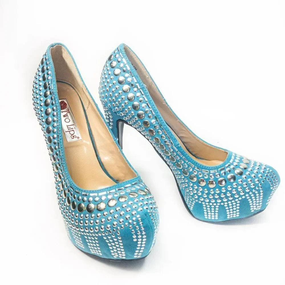 Two Lips Studlee Blue Studded Platform Heels Sz 6.5M