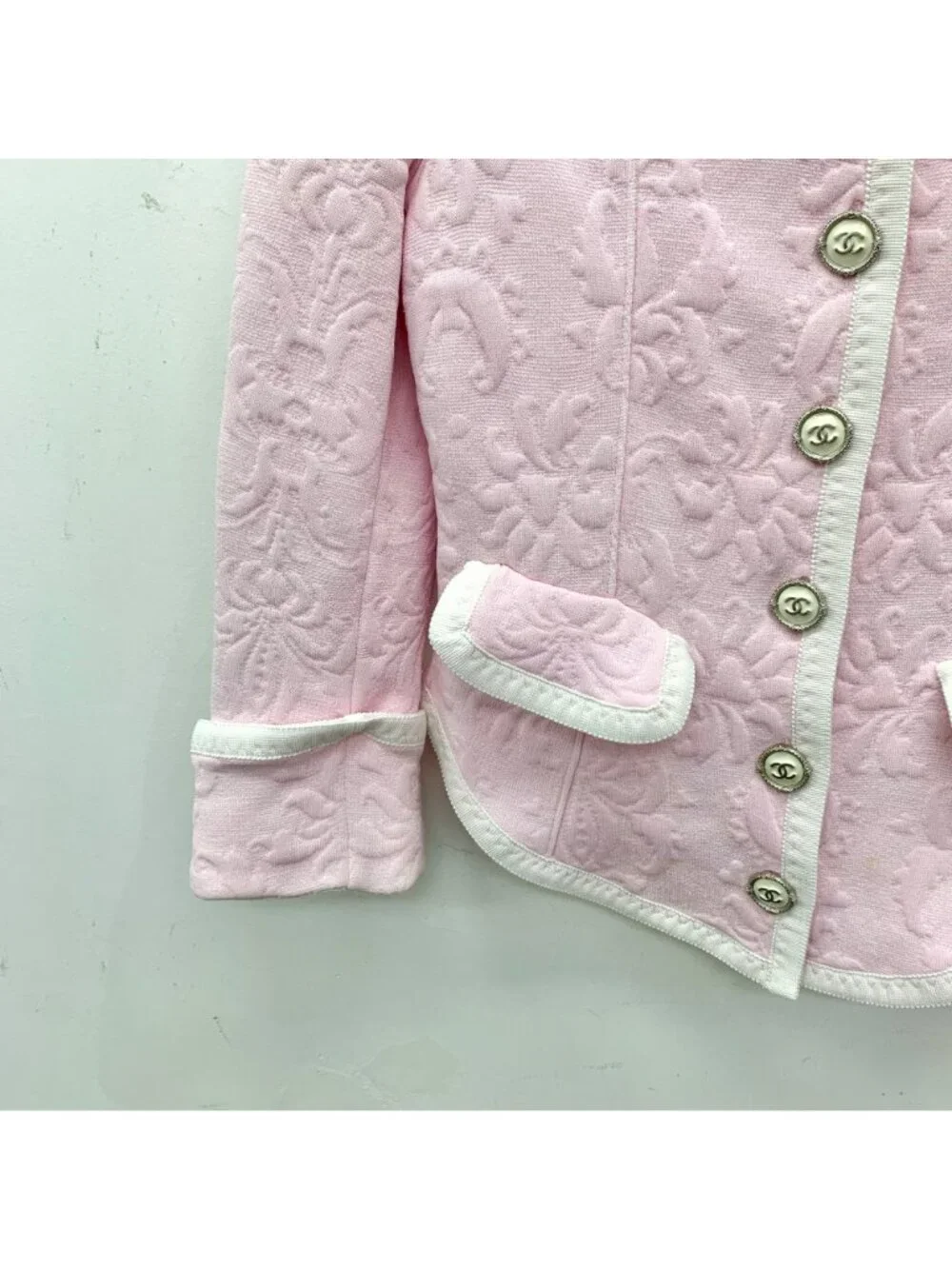 Chanel Pink Floral Embossed Crew Neck Jacket
