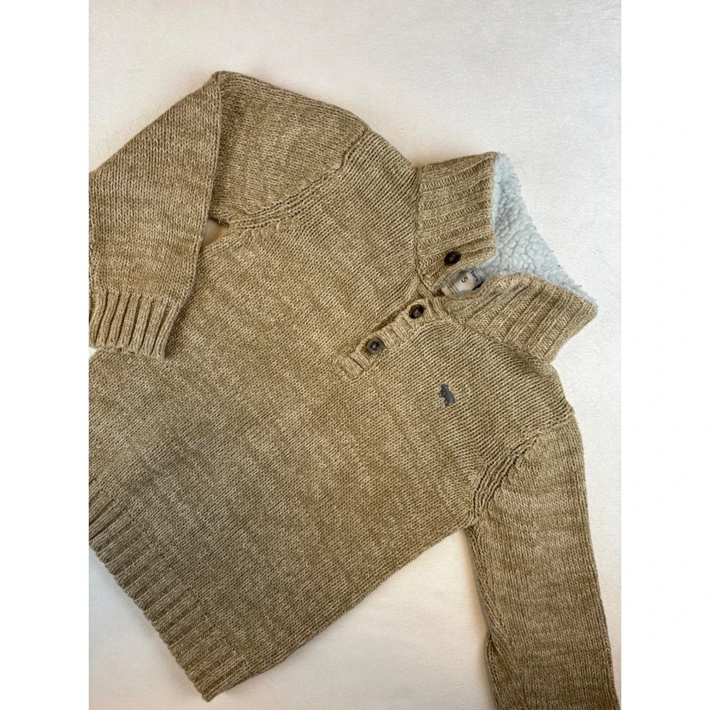Carters Boys Sweater Size 5 Beige Knit Sherpa Collar Button Up‎ Pullover