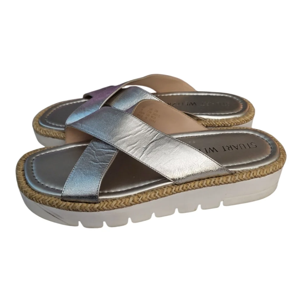 Stuart Weitzman‎ Roza Lift Slide Sandals in Silver 7.8 (Fits As 8.5)