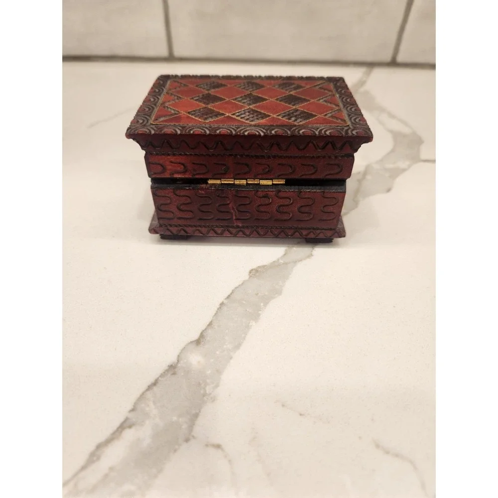 Vintage Wooden Hand Carved Polish Trinket Jewelry Storage Box Made In Poland