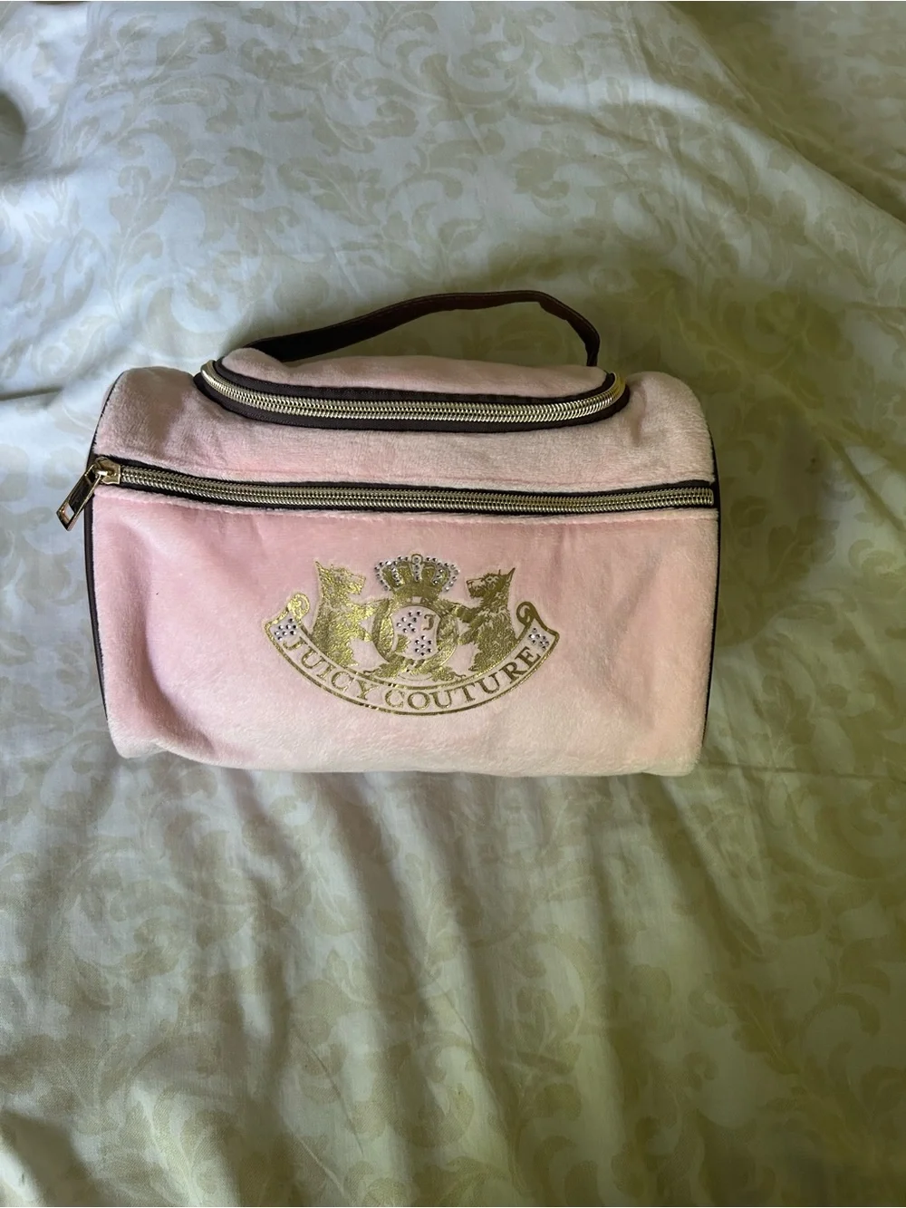 Juicy Couture Light Pink Velvet Cosmetic Case with Gold Crest Embroidery
