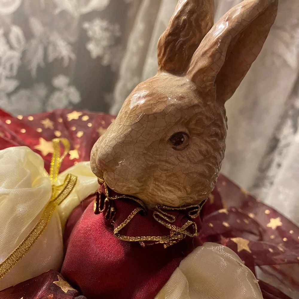 Luxury Rabbit Handcrafted Vintage Porcelain Head Bunny Décor Burgundy Gold