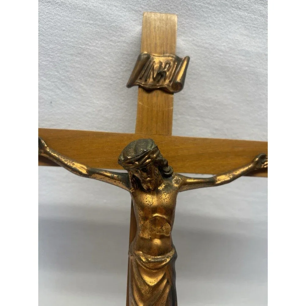 Vintage 15” Wood & Brass INRI Crucifix Jesus Cross Catholic Christian Candle 2pc
