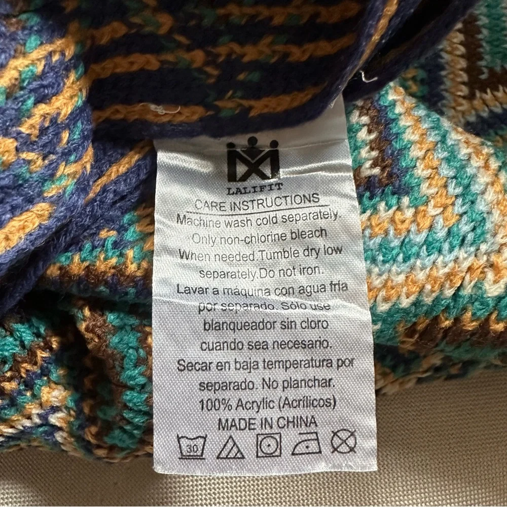 Lalifit Geometric Fringe Knit‎ Throw Blanket in Blue