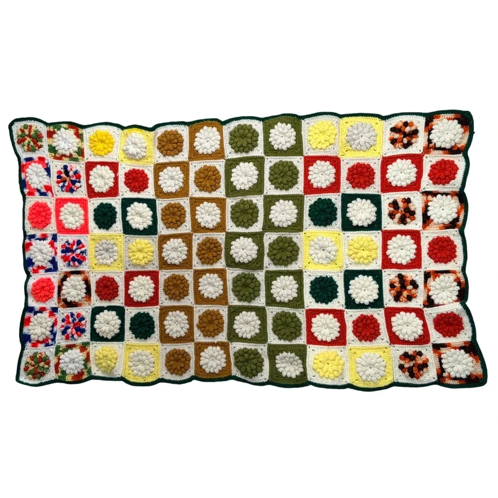 Handmade Crochet Granny Square Floral‎ Popcorn Stitch Afghan Blanket 32x51