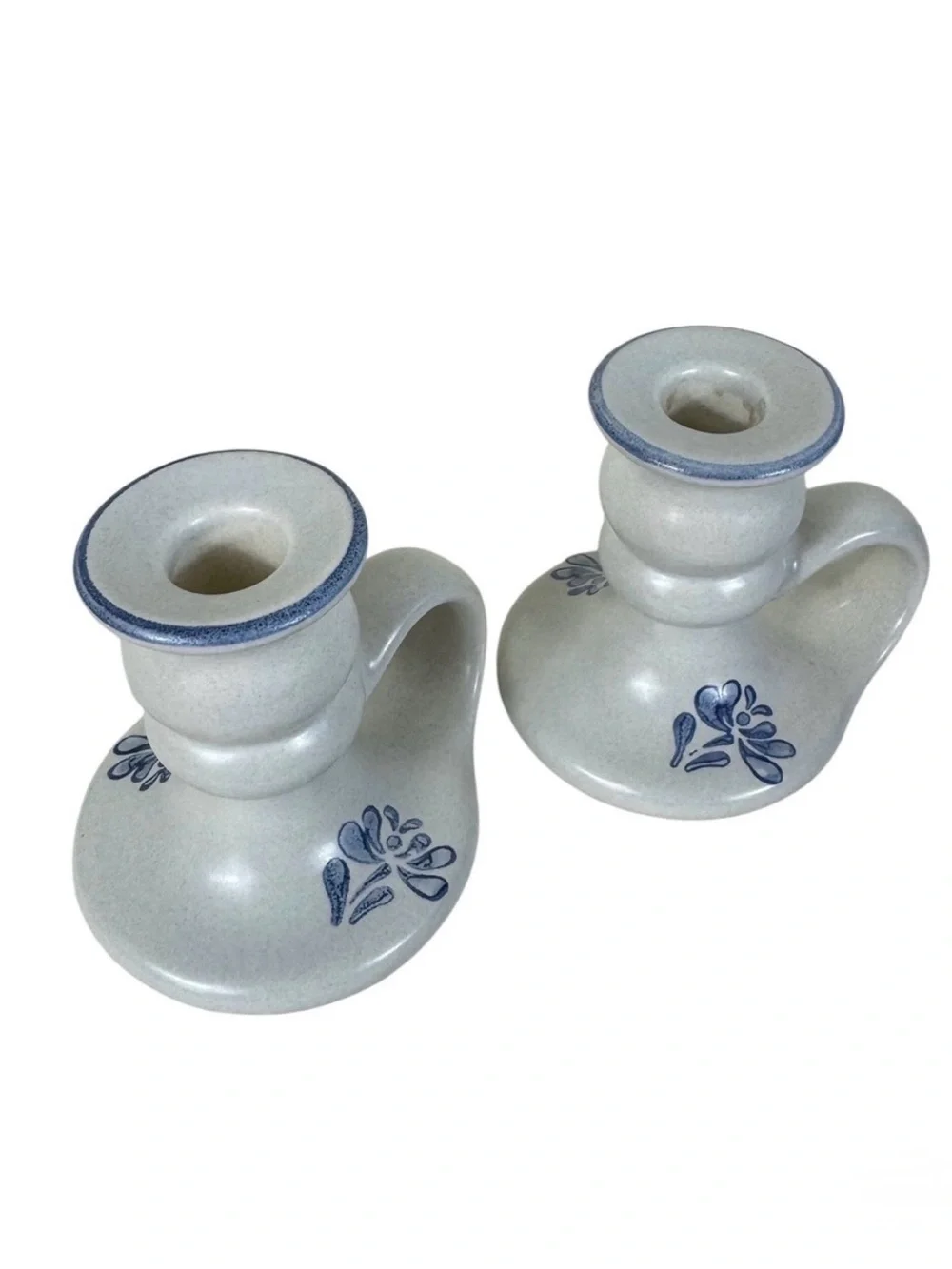 Vintage Pfaltzgraff Yorktown Blue Floral Ceramic Finger Loop Candle Holder Set 2