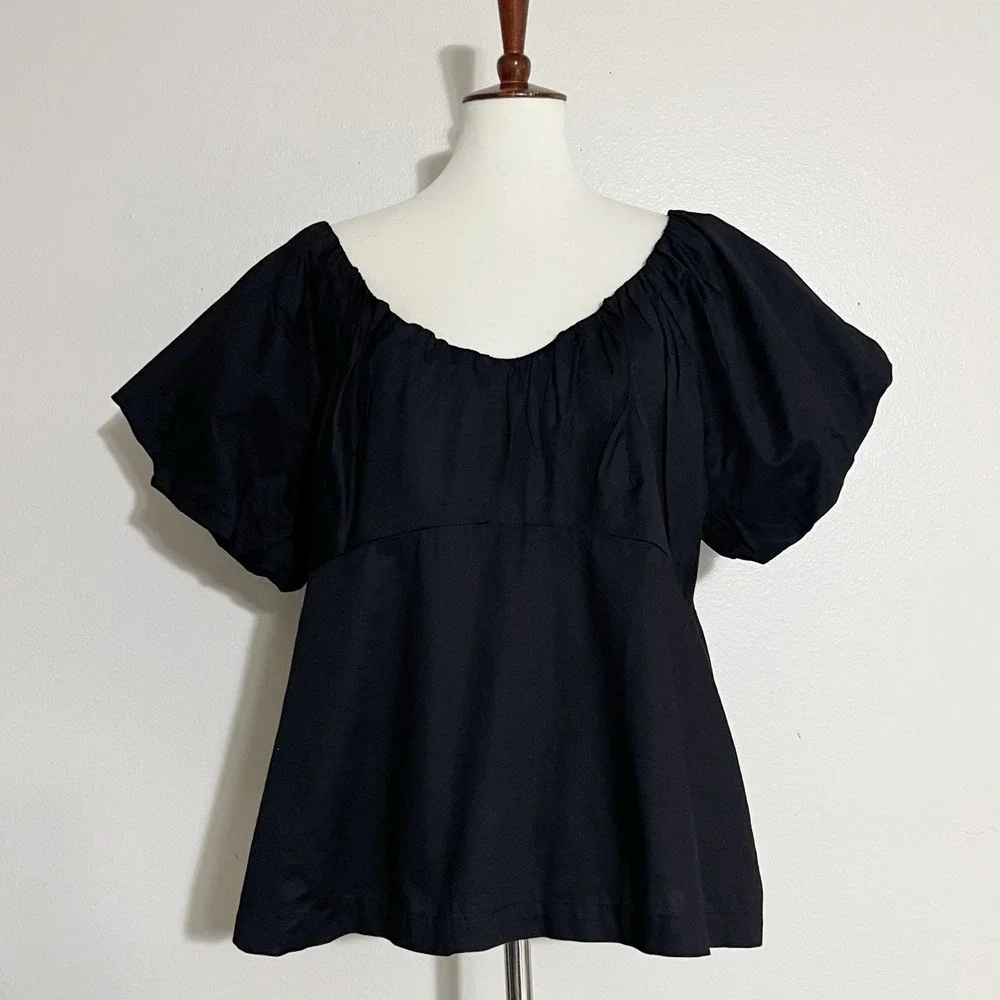 Old Navy Waist-Defined V-Neck Puff Sleeve Smocked Back Cotton Top Black Size XXL