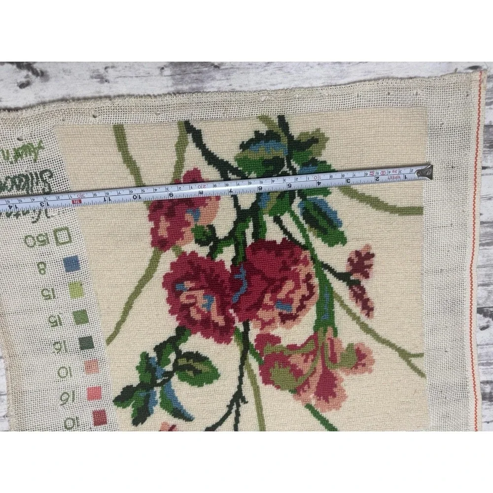 Original Vintage Hand Embroidery Yarn Needlepoint Pansies Flower 14x17