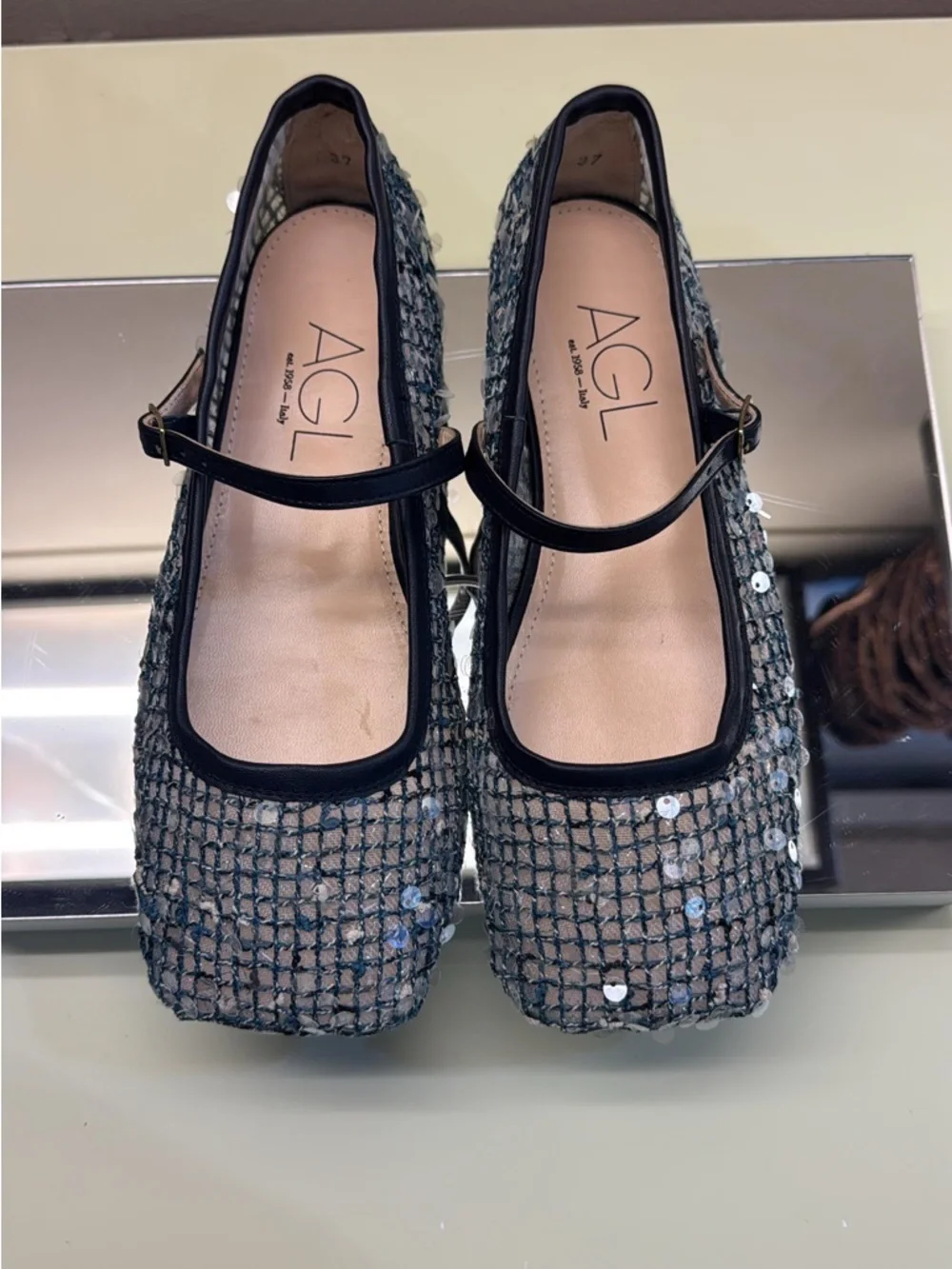 AGL made in Italy Black silver Sequin Mesh Mary Jane Flats NWT