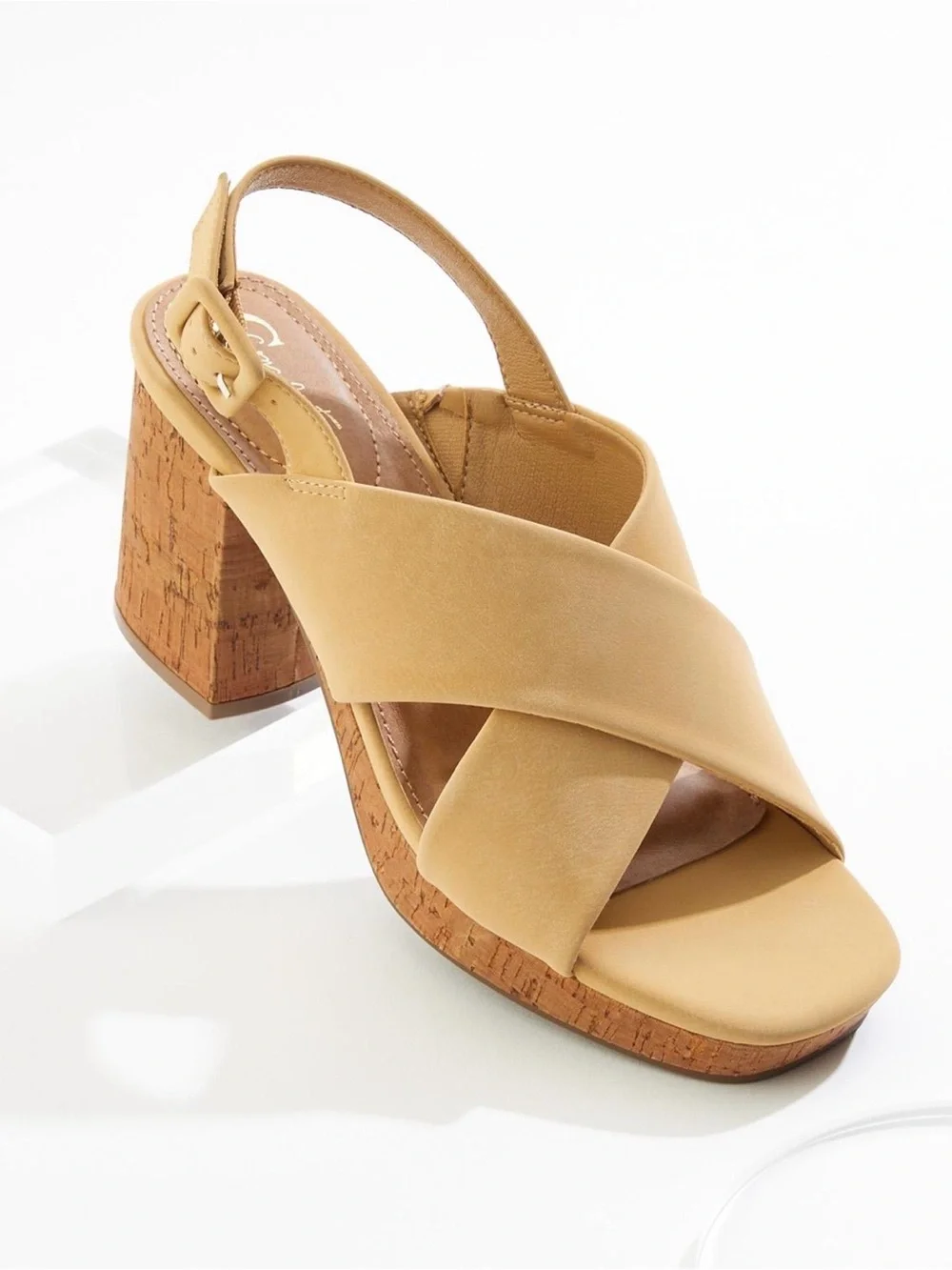 Premium Tan Cork Block Heel Slingback faux leather Sandal 3.5 inch heel
