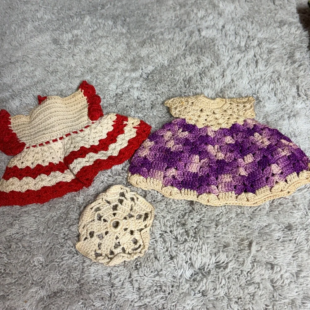 Lot of 2 Vintage Cotton Hand Crocheted Pot‎ Holder/ Dresses Red- Purple READ