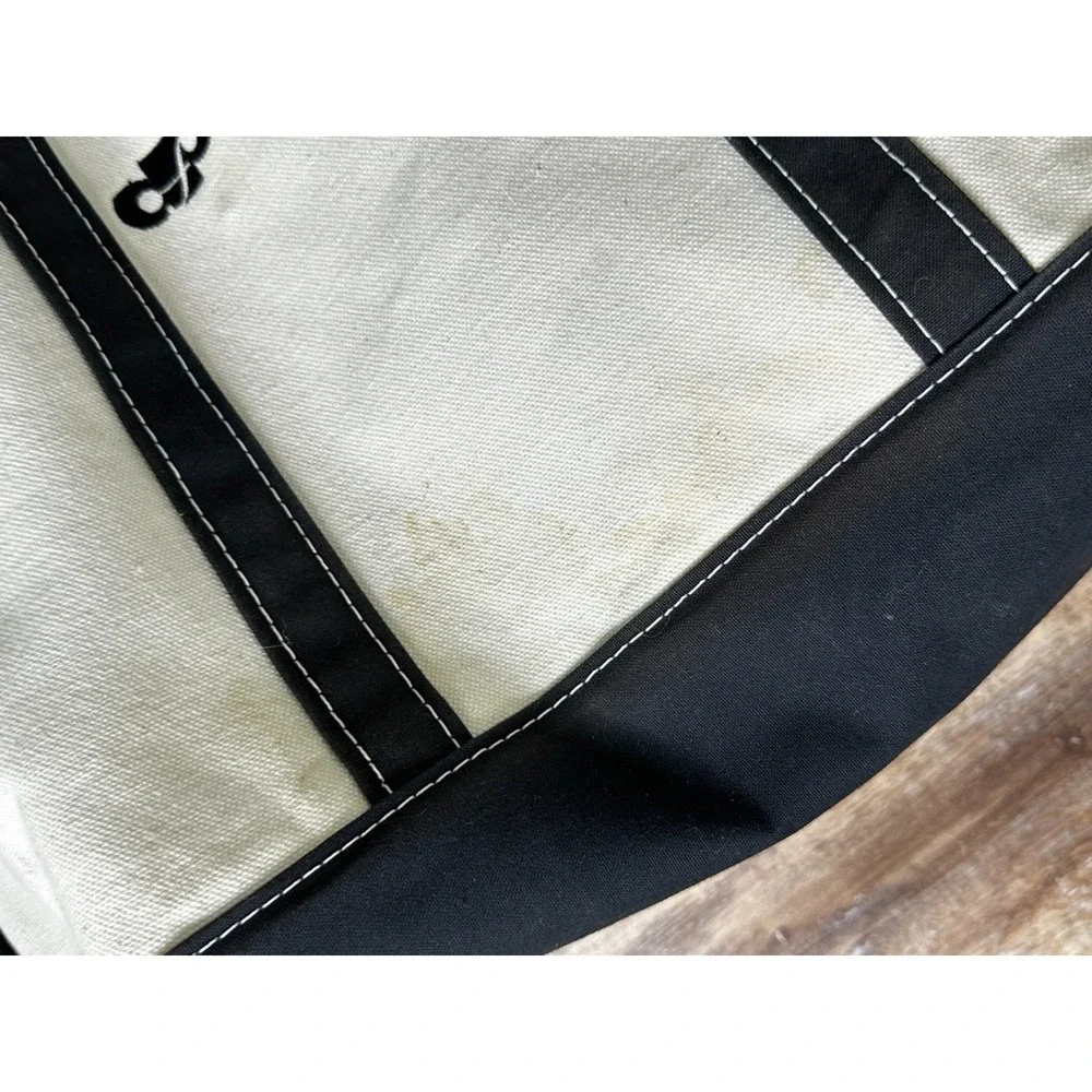 LL Bean Boat And Tote Bag Cream Black Dynasty Logo Zipper Top Large Shoulder