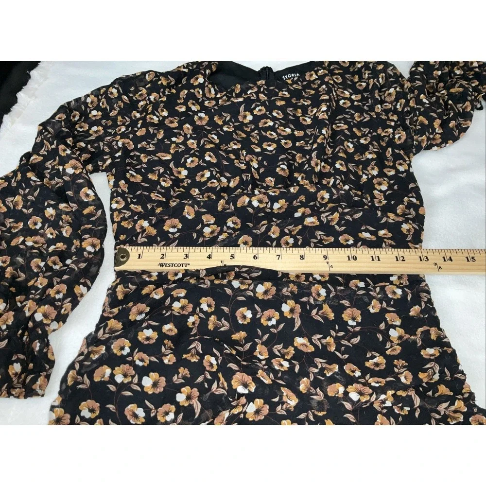 Storia  Dress Size S Mini Floral Long Sleeve ‎ Black Brown Ruched Swiss Dot Zip