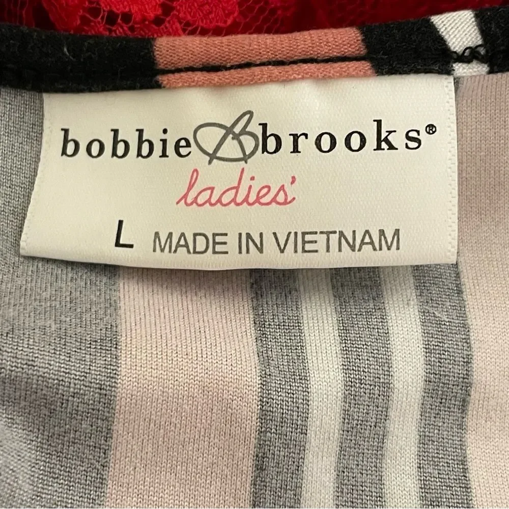 Bobbie Brooks Striped Faux Wrap MIDI Dress Mauve White Black Peach Size Large