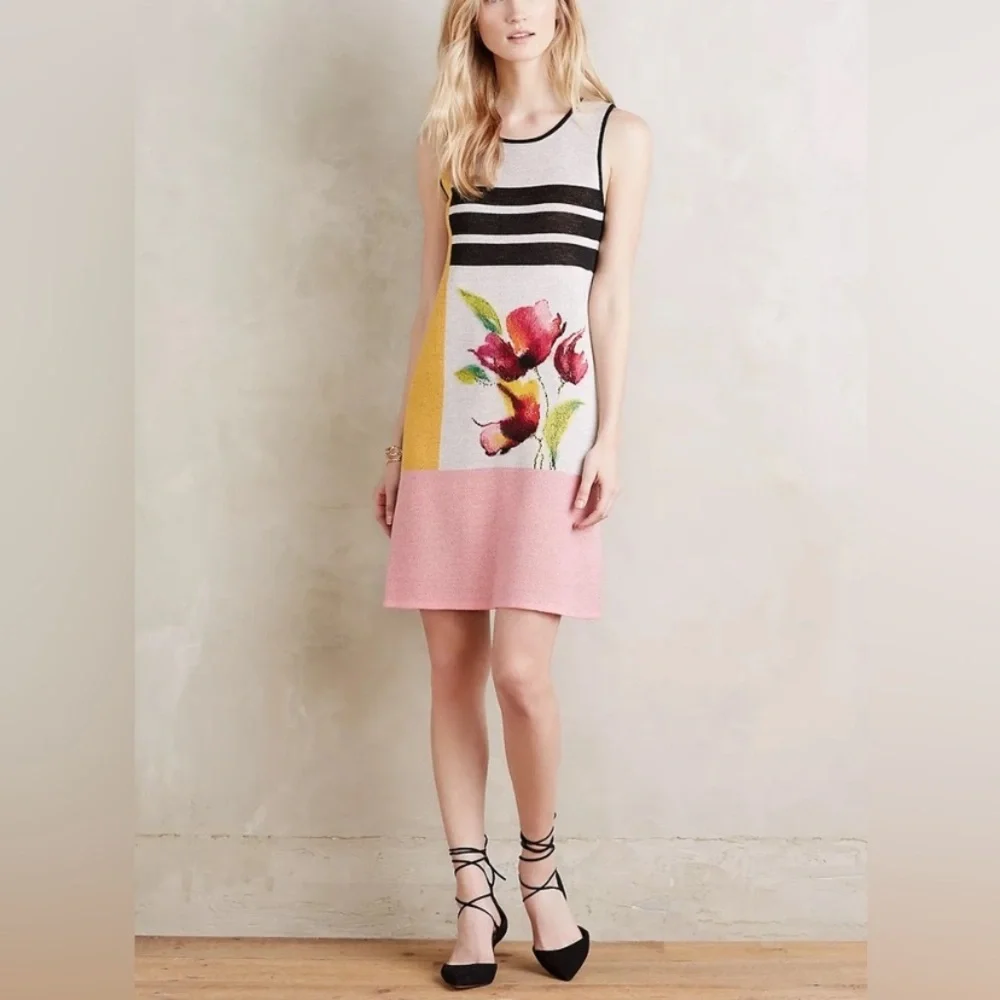 Anthropologie Troubador Petale Wool‎ Knit Shift Dress Size XS Floral Print Color
