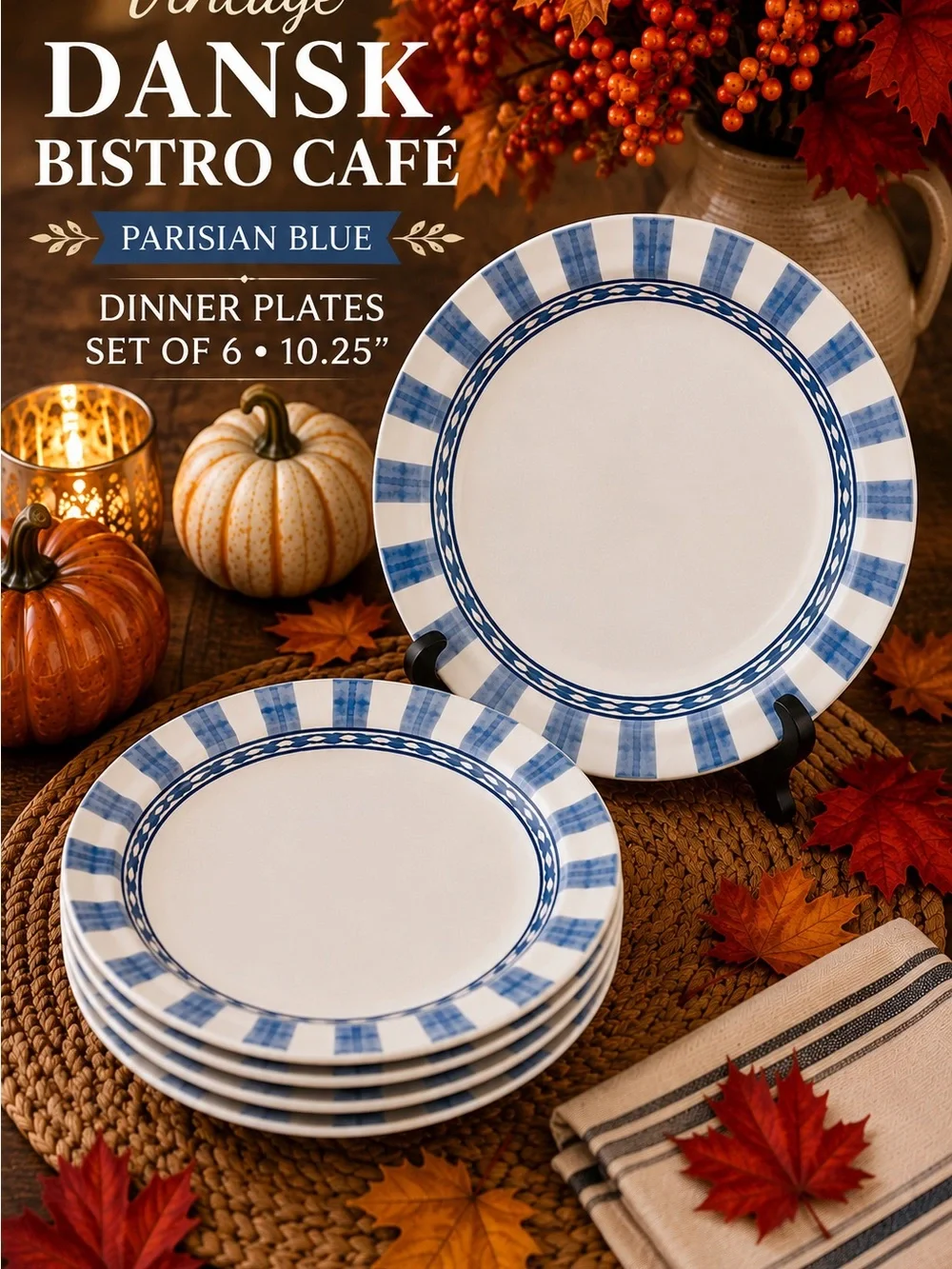 Vintage Dansk Bistro Cafe Parisian Blue Dinner Plates Set of 6 10.25