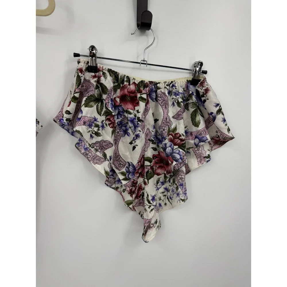 Vtg Victoria's Secret Pajama Set L White Floral Gold Label Camisole‎ Tap Shorts