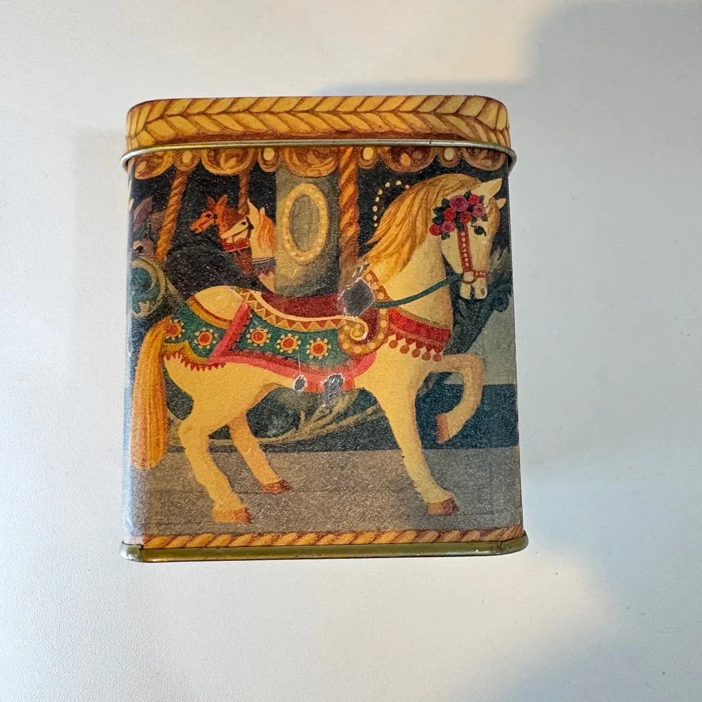 Vintage Carousel Horse Decorative Metal Tin Square Storage Container Carnival
