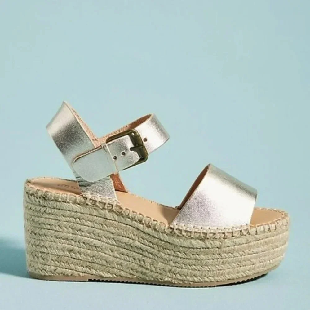 Anthro Soludos Platform Gold Leather Espadrille 10