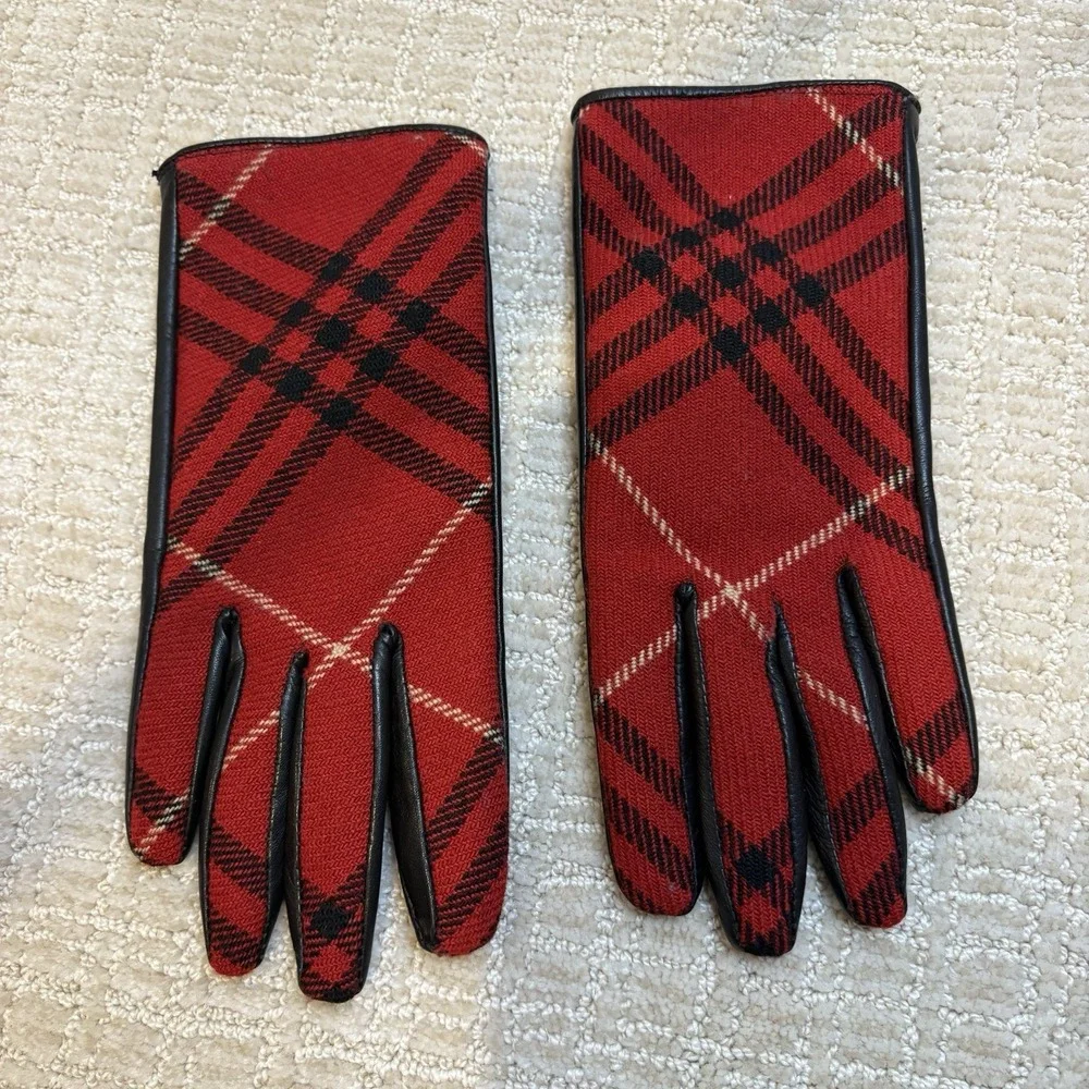 Burberry London Plaid Wool Leather Gloves Womens 7.5 Red Black Good Mixed Media‎