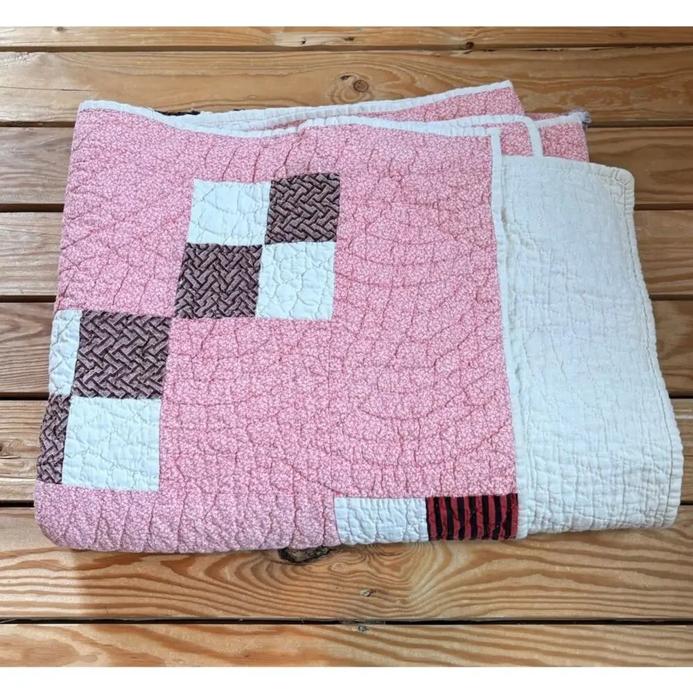 Vintage Handmade Patchwork Quilt Size 76x42 Pink M3
