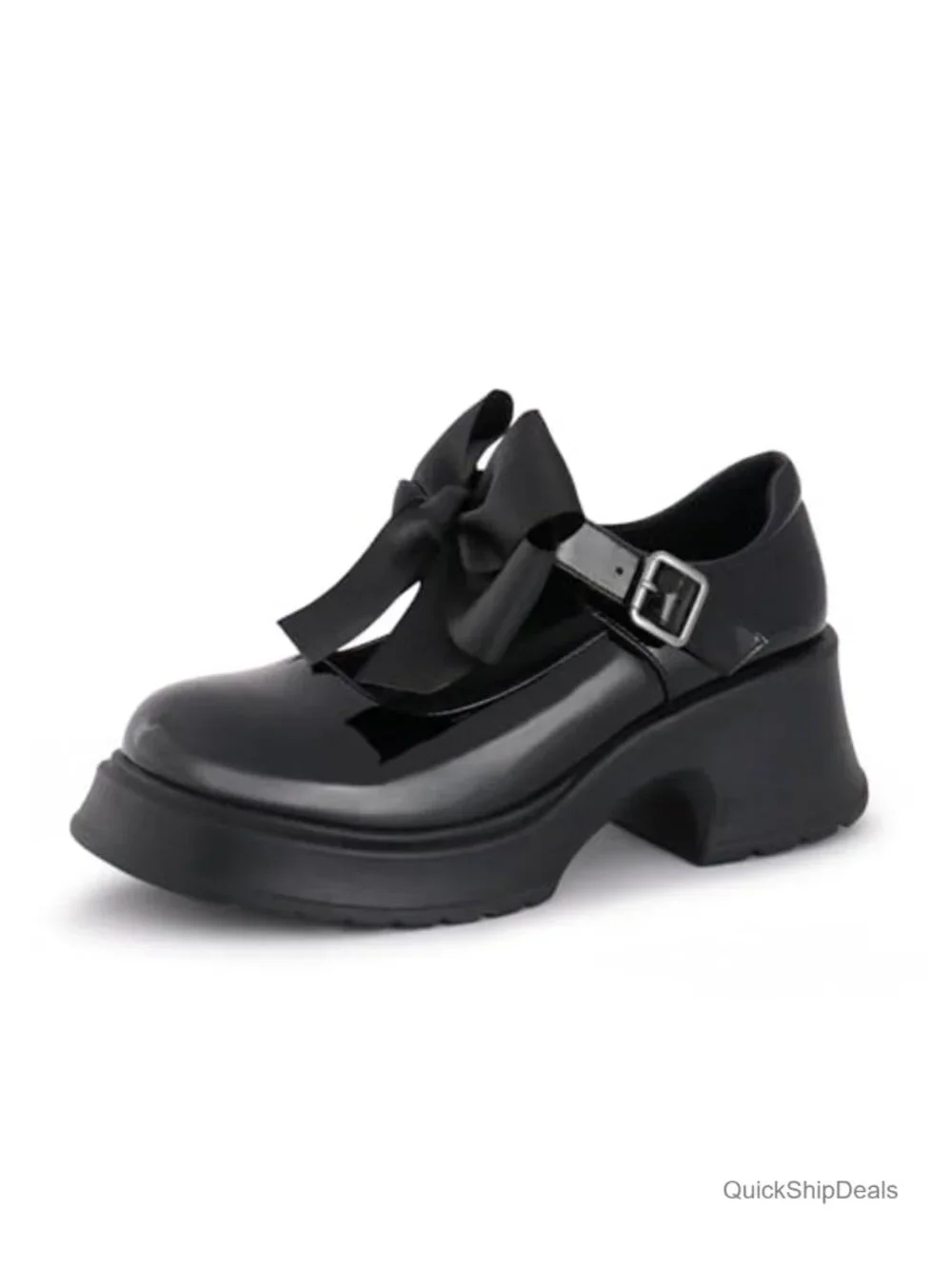 Mary Jane Platform Chunky Heels Detachable Bow Ankle Strap PU