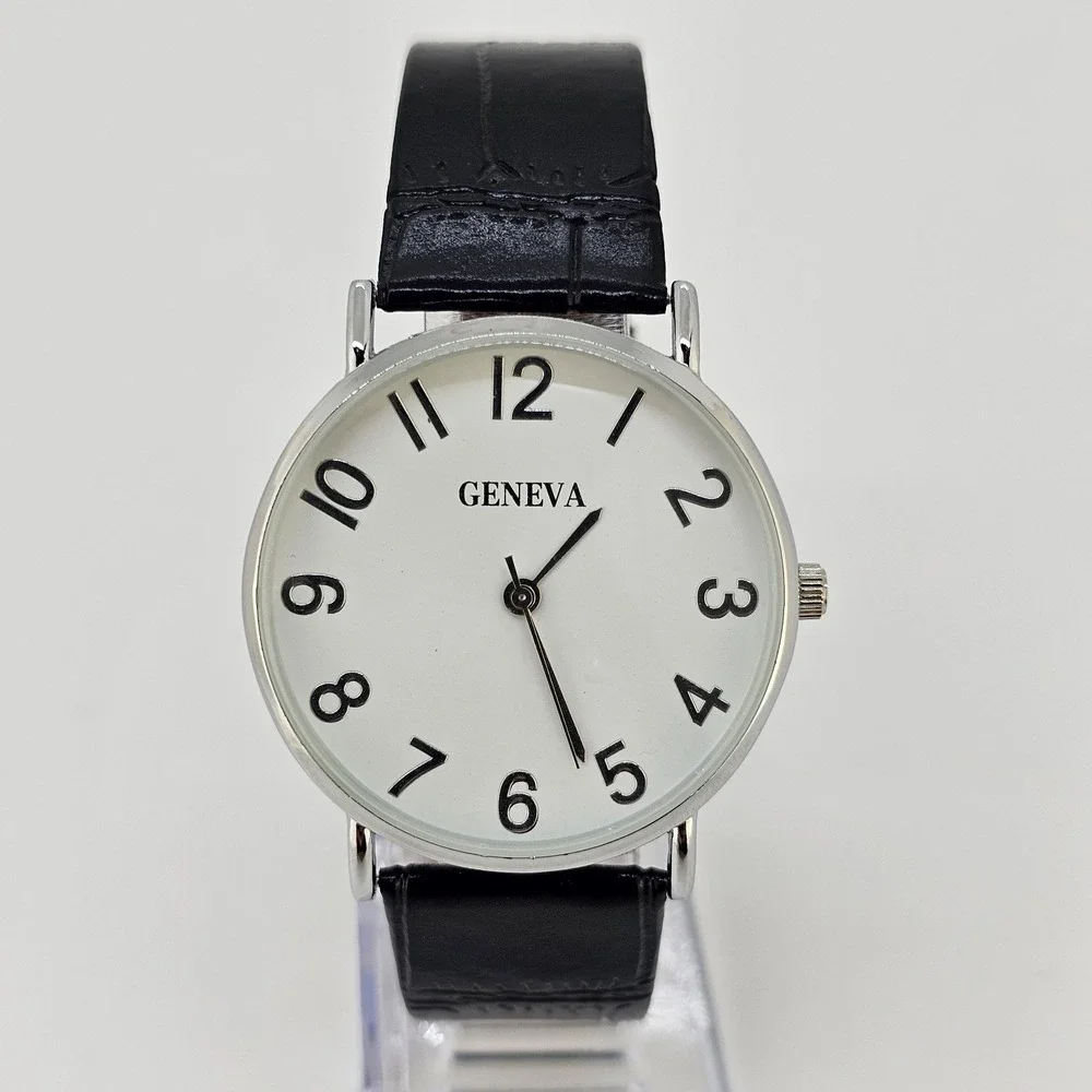Men's Analog Watch 38MM White Dial Black Faux‎ Leather Bands New Battery