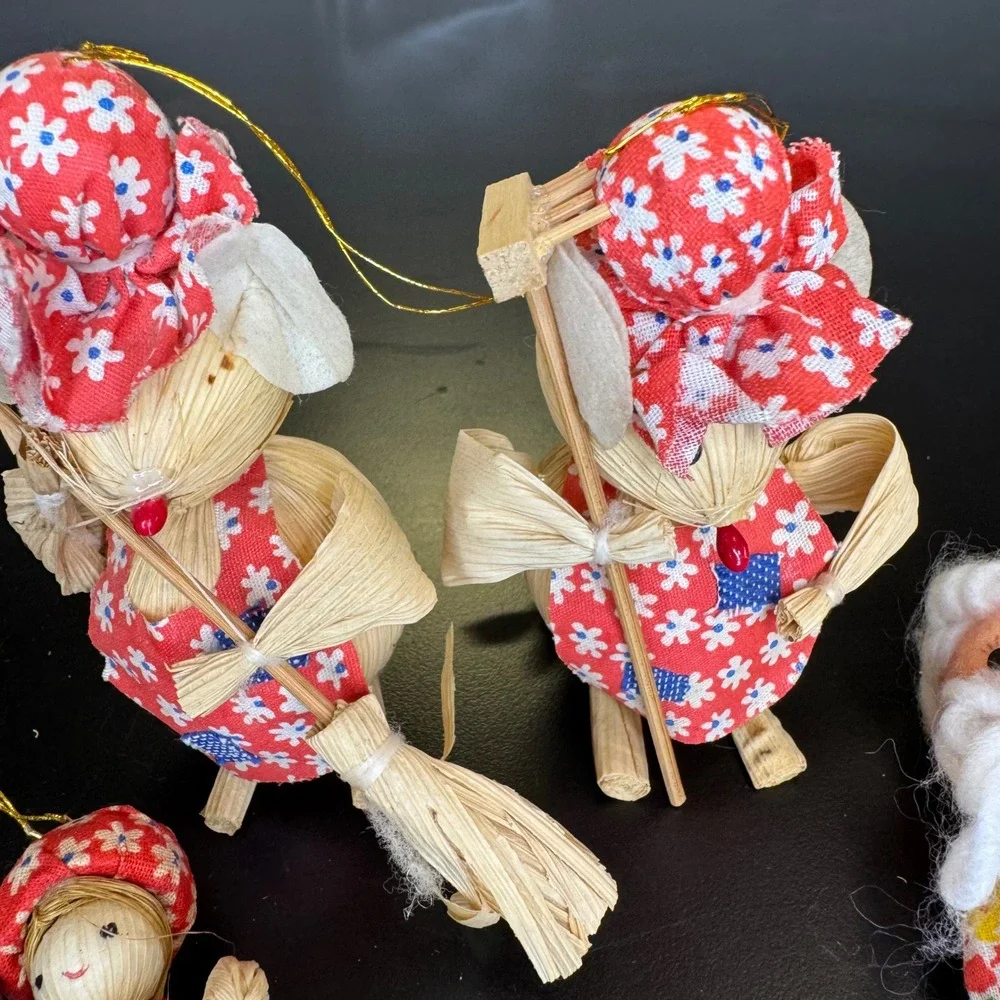 Vintage Corn Husk Christmas Ornaments Set 4 Red Blue Rustic Folk Art Mice Santa