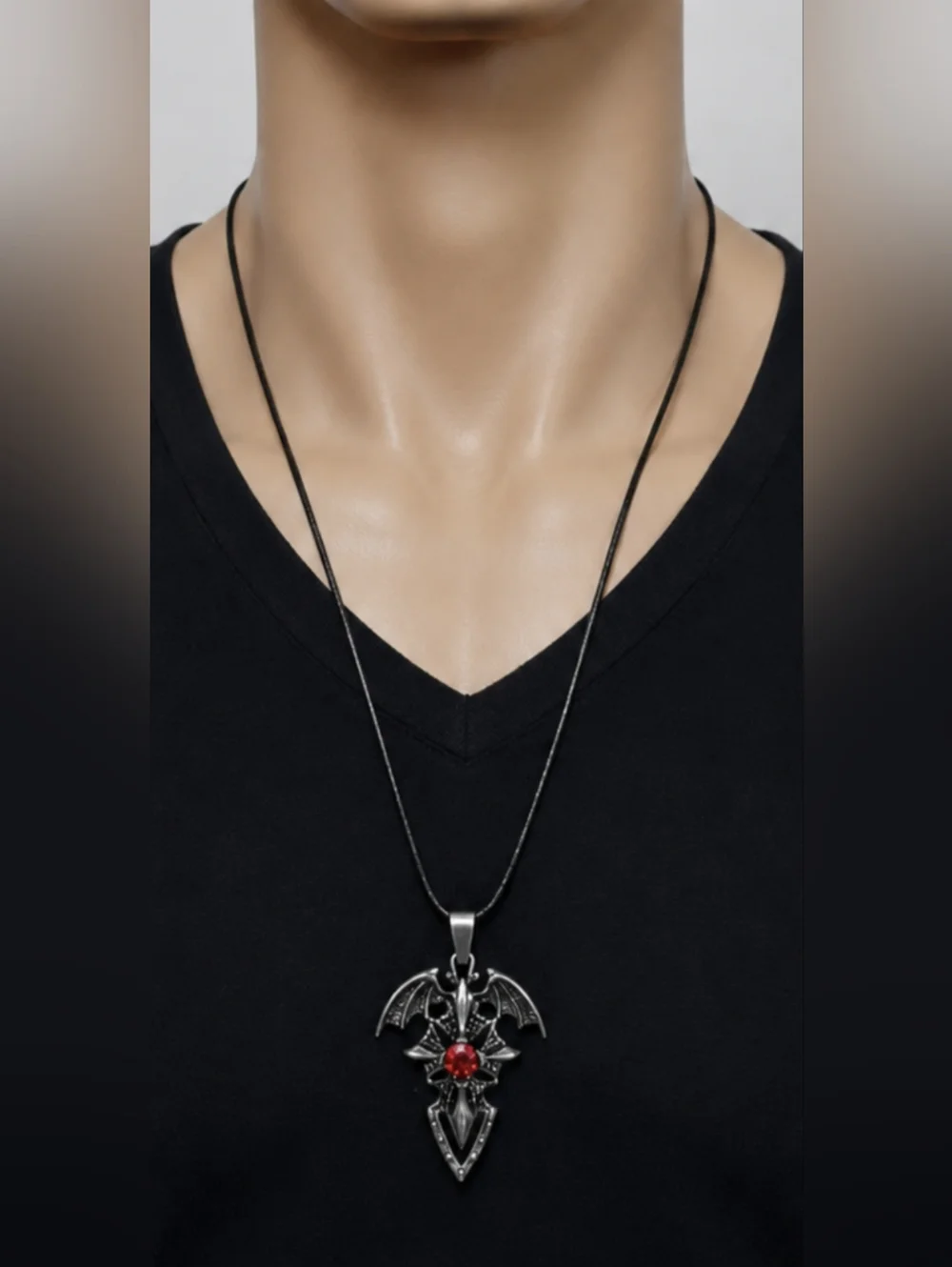 Gothic Dragon Wings Pendant Necklace | Red Crystal | Black Cord, T5B9C
