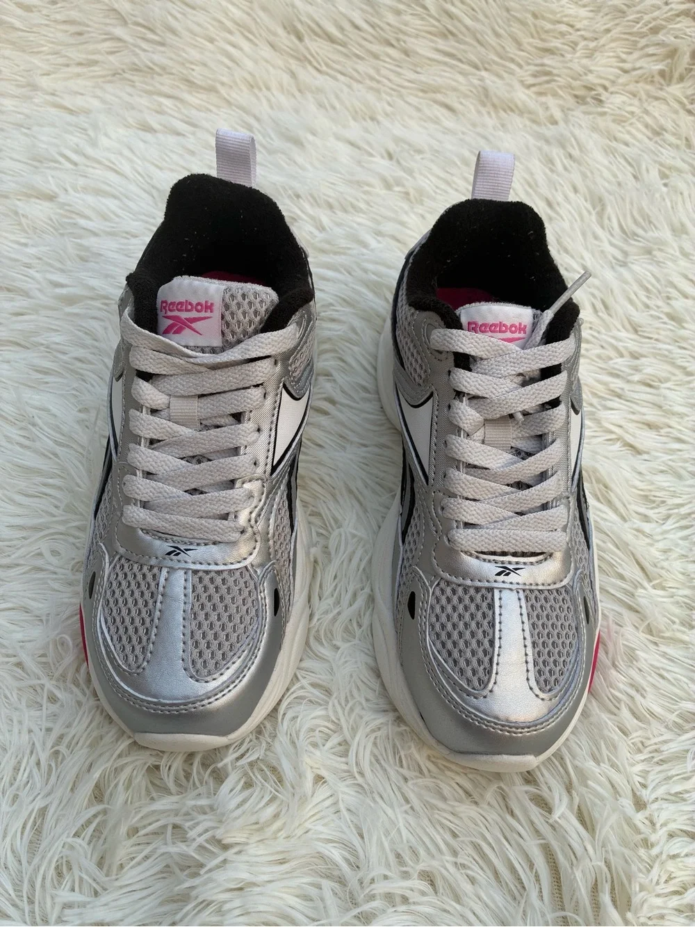 Reebok Silver, Black and Pink kids platforms Sneakers size 2