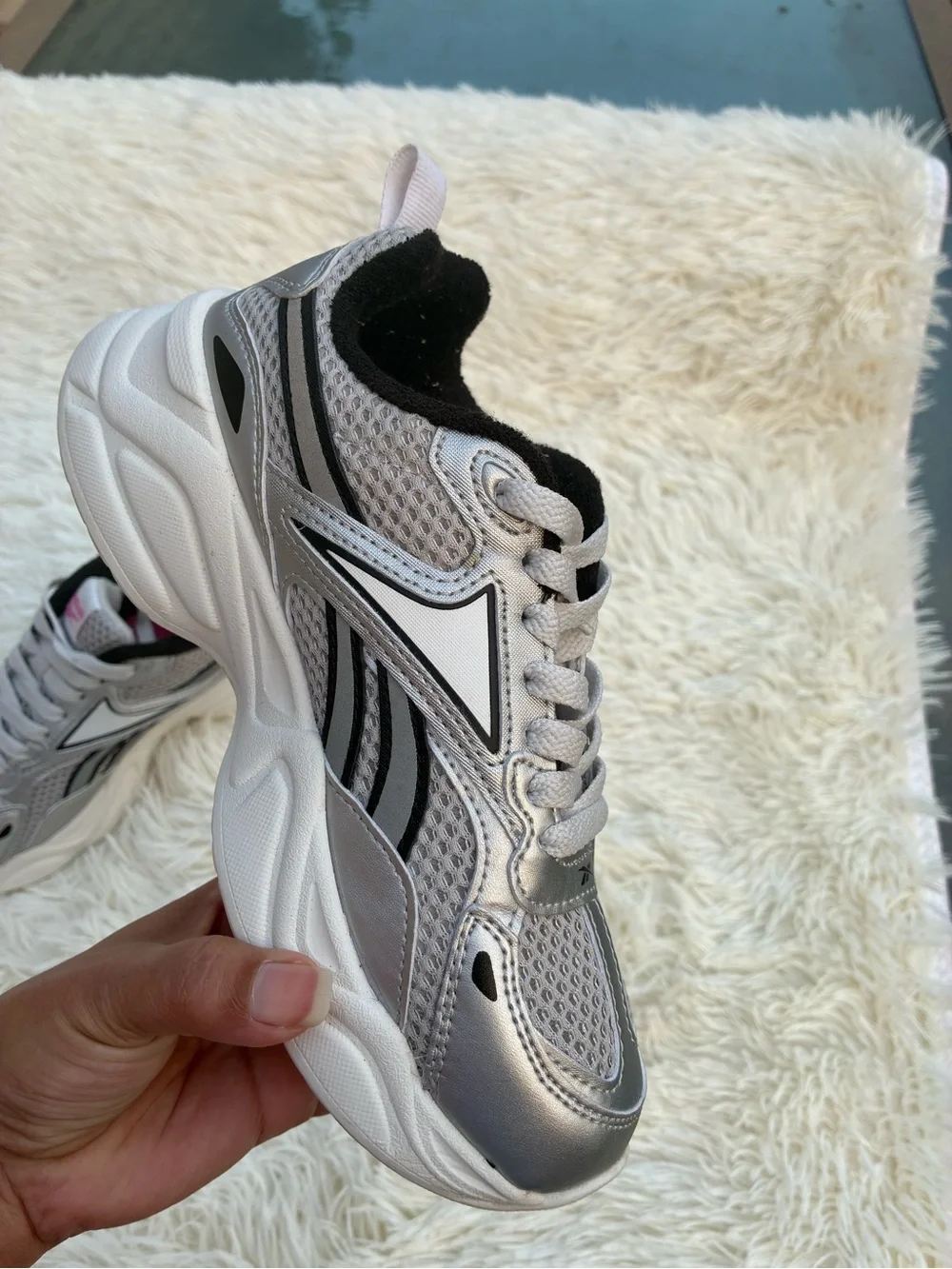 Reebok Silver, Black and Pink kids platforms Sneakers size 2