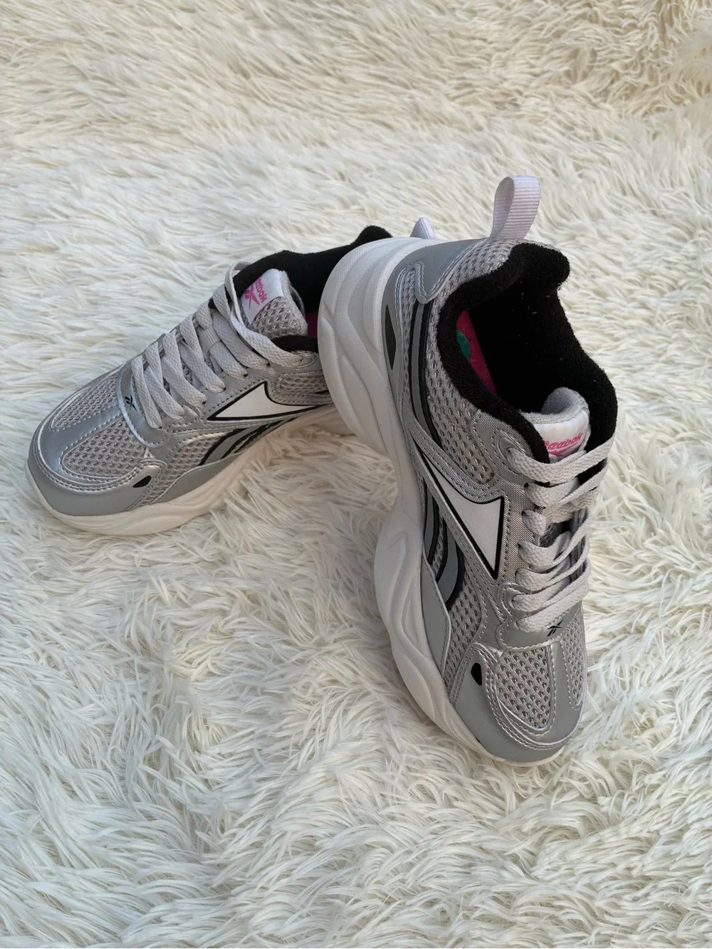 Reebok Silver, Black and Pink kids platforms Sneakers size 2