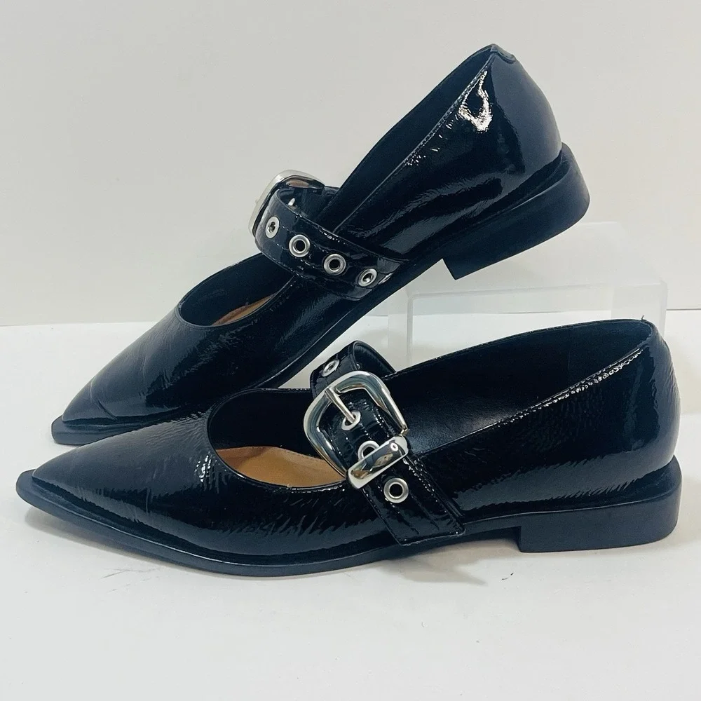 Maeve Pointed-Toe‎ Moto Mary Jane Flats Black Patent Leather – Size 40  US 9-9.5