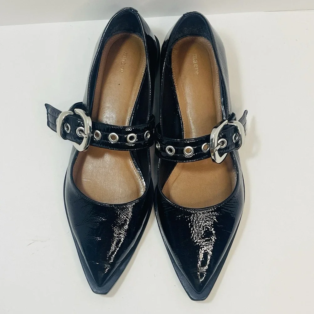 Maeve Pointed-Toe‎ Moto Mary Jane Flats Black Patent Leather – Size 40  US 9-9.5