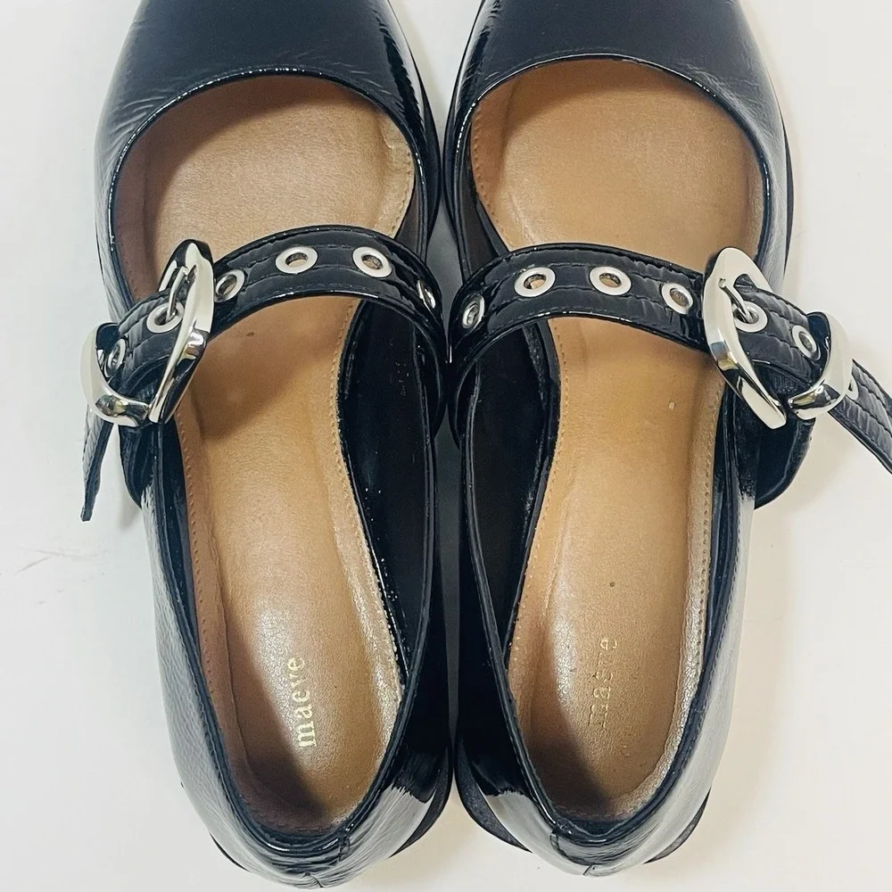 Maeve Pointed-Toe‎ Moto Mary Jane Flats Black Patent Leather – Size 40  US 9-9.5