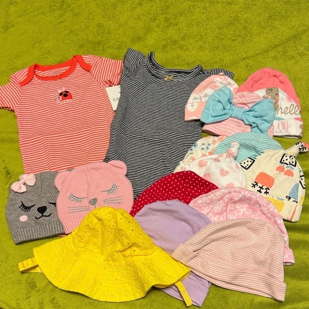 15 Colorful Baby Hats and 2 Carter Sz 3 month Onesie Bundle Baby Girl