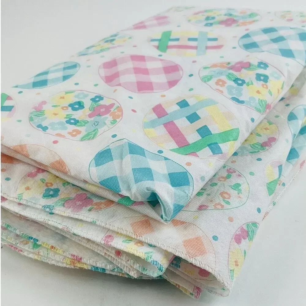 Vintage Vinyl Tablecloth Easter Eggs Pastel 80s Plaid Flowers Flannel Back Check