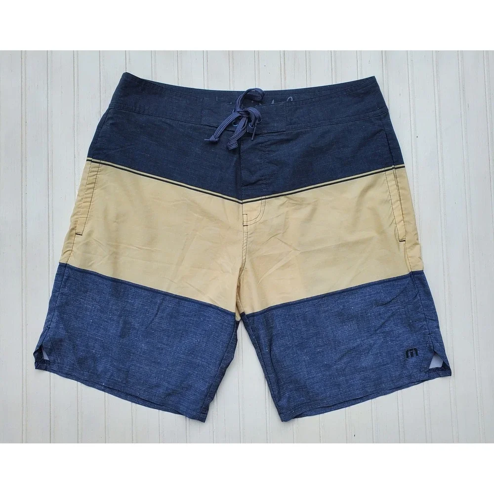 Travis Mathew‎ Mens Navy Tan Color Block Board Shorts Swim Trunks Size 32