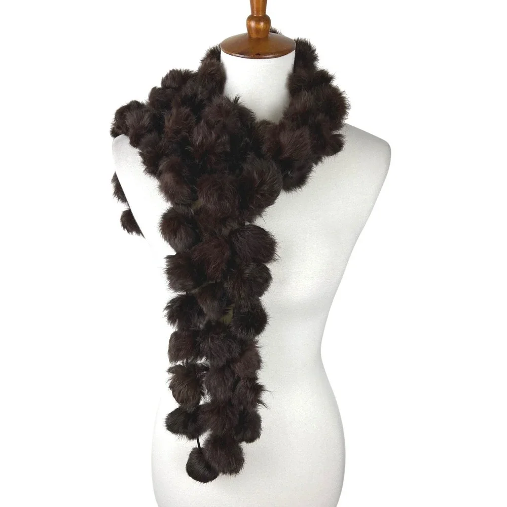 Y2K Vintage Esprit Brown 100 Rabbit Fur Pom Pom Scarf One Size Fits All