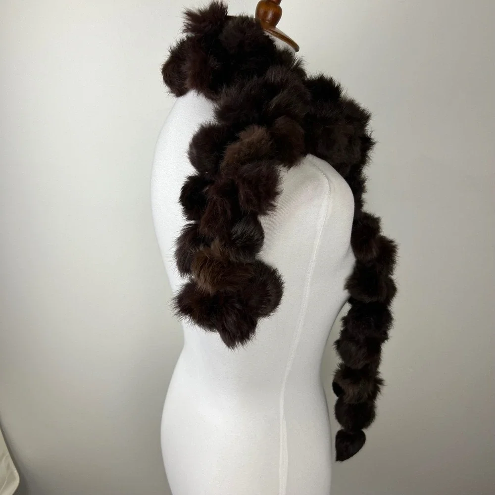 Y2K Vintage Esprit Brown 100 Rabbit Fur Pom Pom Scarf One Size Fits All
