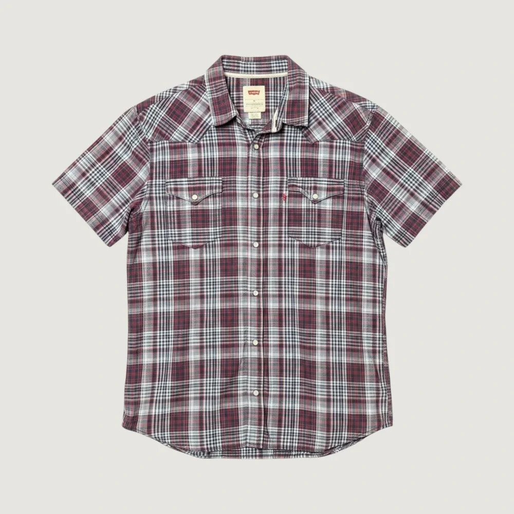 Levis Men XL Short Sleeve Western Plaid Pearl Snap Shirt Red Blue Cowboy Outdoor