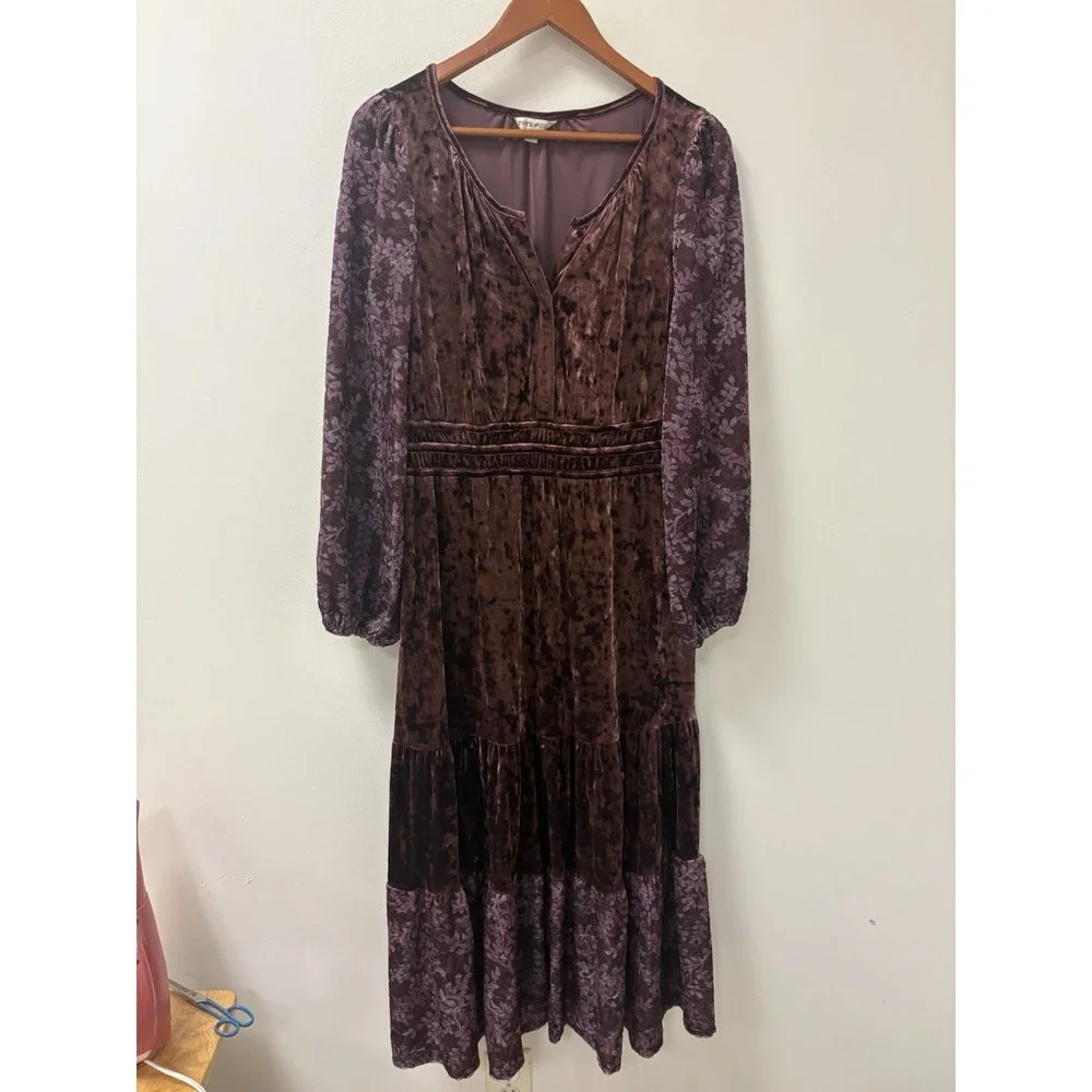 Frye and Co Burgundy Crushed Velvet Floral Maxi Dress Long Sleeve Smock Sz L