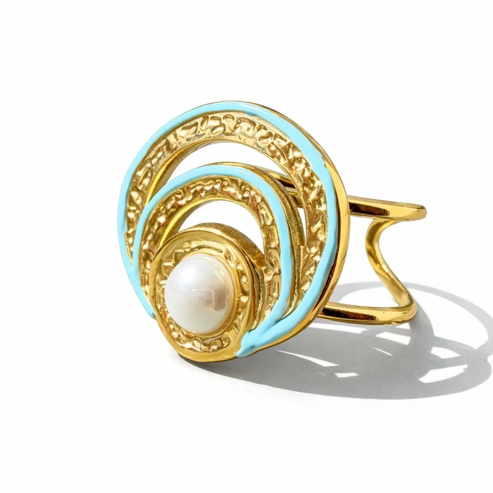 Blue Spiral Ring with Pearl Accent