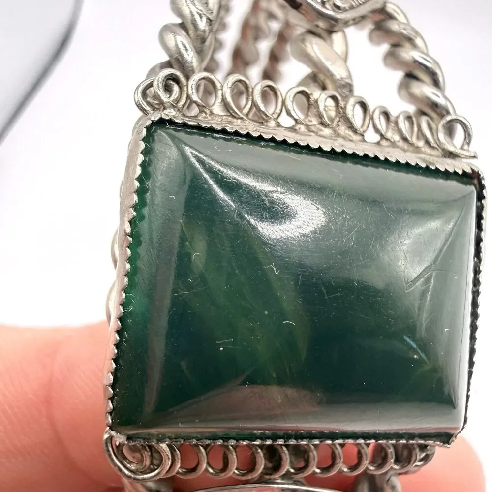 Vintage Marbleized Green Bakelite Filigree Cuff Artisan Bracelet Silver Tone