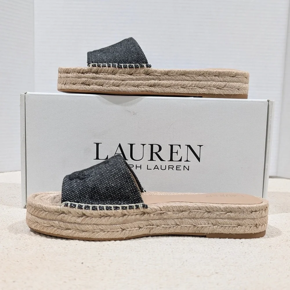 Lauren Ralph Lauren Polly Logo 2 Espadrille Slide Sandals‎ Natural Black 7B NIB
